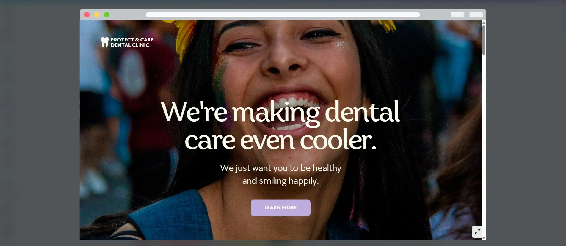 Smiling young woman with healthy teeth promoting a modern dental clinic