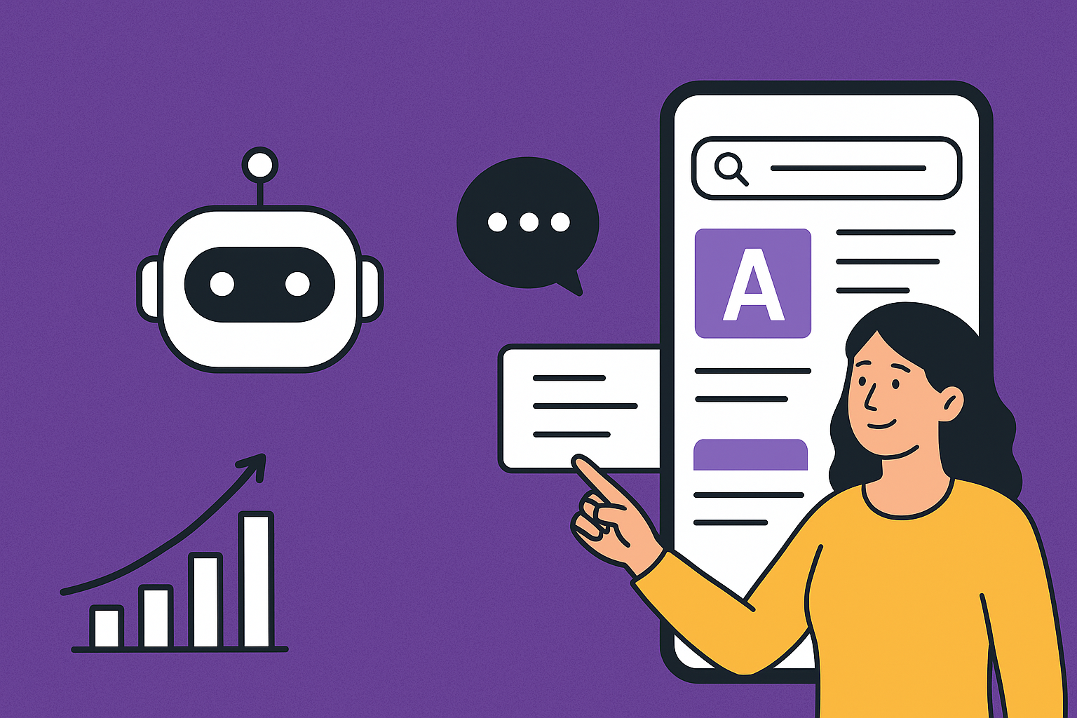 Flat-style digital illustration of AI and answer-engine optimization, showing a chatbot, a woman pointing at a smartphone search result, and a rising bar chart on a purple background