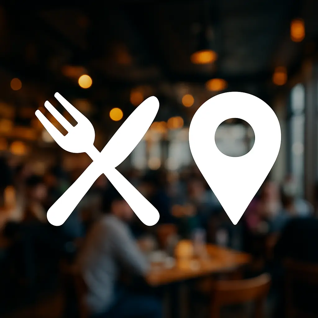 White fork-and-knife icon and location pin icon over a blurred background of a busy restaurant with diners and warm lighting.